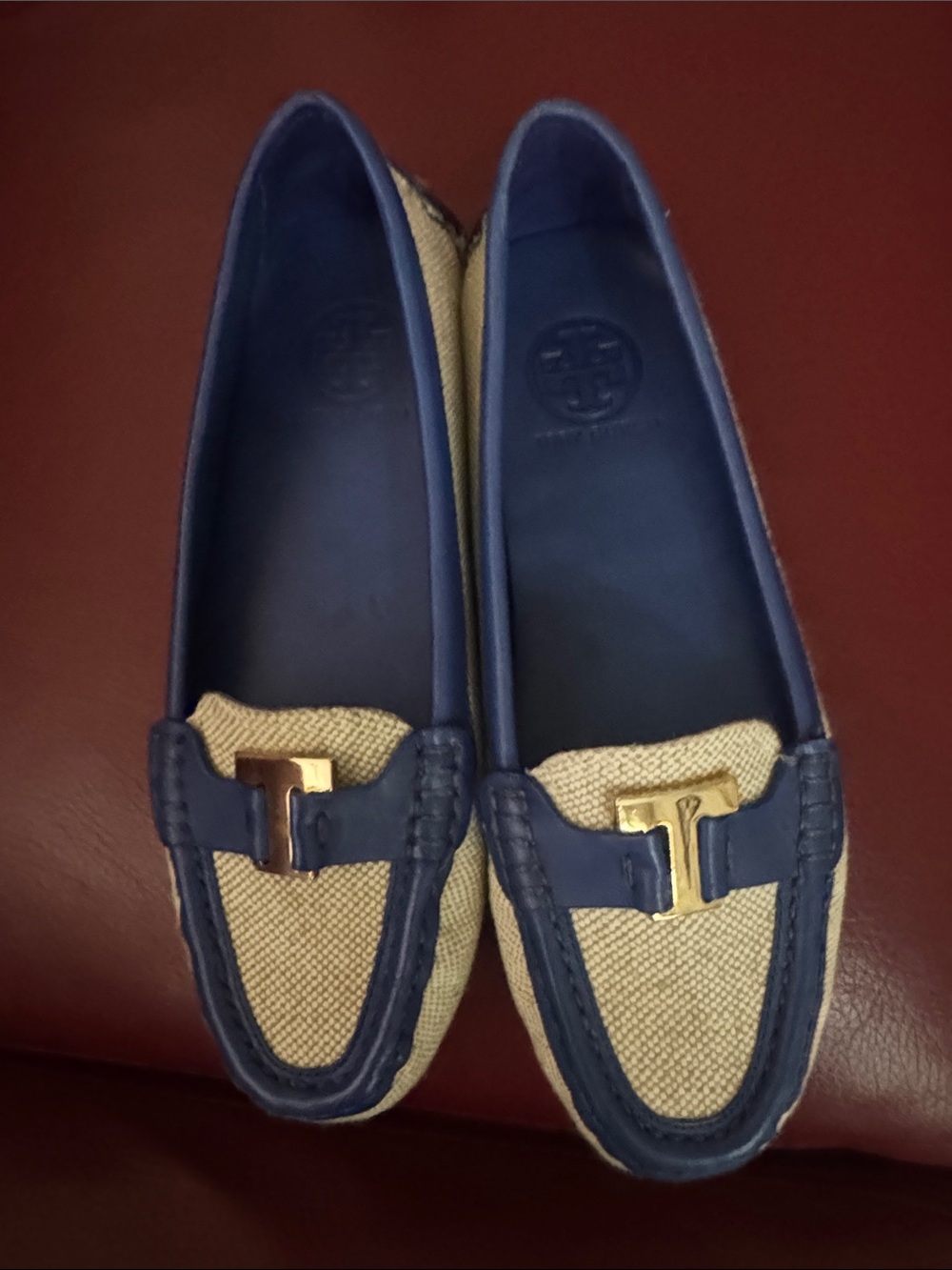 Tory Burch Navy Leather and Beige Canvas Driving Loafers